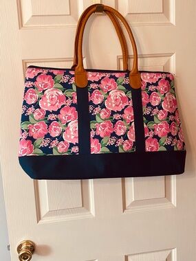 Floral Navy and Pink Travel Tote with Tan Handles